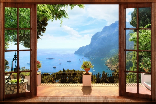 балкон, двери, выход, море, остров, горы, деревья, голубые, коричневые